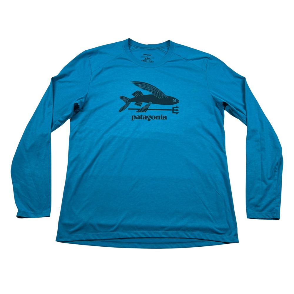 Patagonia Shirt Mens XL Blue Flying Fish Trident Logo Blue Long Sleeve Layer